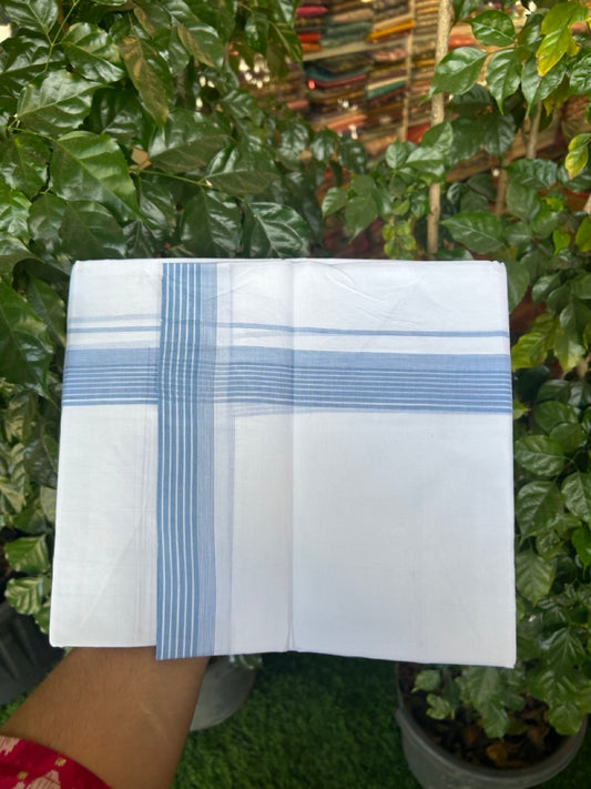 20% Discount ! Kaitharikada Balaramapuram 100% Cotton PURE WHITE Double Mundu/Dothi - 100x80 - 1.25 inch Blue Shaded Striped Kara 3.90 mtr (8 muzham) - 87 KK5294 THI