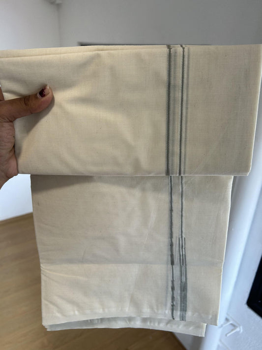 20% Discount! KaithariKada Balaramapuram 100% Cotton Double Off white Mundu/Dhoti- 100x100 - 0.2 cm Puliyilakkara Silver Kasav & Light Sage Green Chutty Kara 4 mtr (8.5 muzham) - 12 KK5392 ASH
