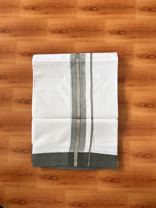 Pure White Double Mundu/Dhoti - 20% Discount ! Kaitharikada Balaramapuram 100% Cotton - 100x80 - 1.5 inch Silver Kasav & Army Green Shaded Striped Kara 3.90 m (8 muzham) - 50 KK5432 PMC