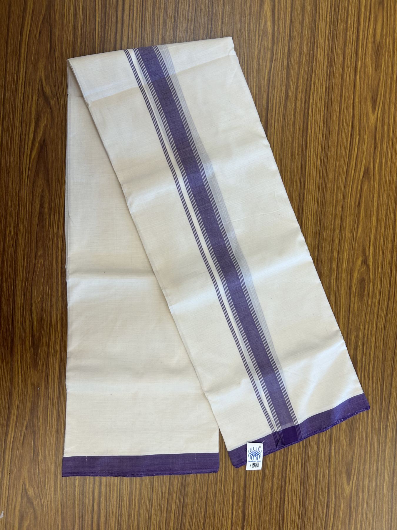 Kerala Handloom - Signature Kaitharikada - Government Sealed Hallmarked-100% Pure Cotton! (2/120X2/160) Twisted Thread- Off White Double Mundu/Dhoti - 1.5 inch Violet Shaded Striped Kara 4 mtr (8.5 muzham) - 9 KK5331 KAL
