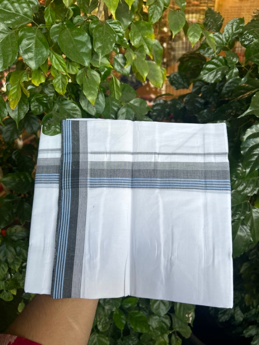 20% Discount ! Kaitharikada Balaramapuram 100% Cotton PURE WHITE Double Mundu/Dothi - 100x80 - 1.5 inch Black & Blue Shaded Striped Kara 3.90 mtr (8 muzham) - 75 KK5294 THI