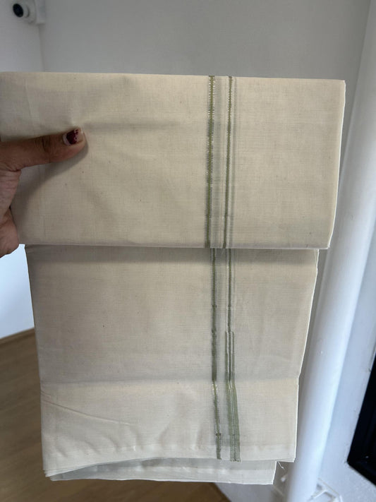 20% Discount! KaithariKada Balaramapuram 100% Cotton Double Off white Mundu/Dhoti- 100x100 - 0.2 cm Puliyilakkara Silver Kasav & Light Pista Green Chutty Kara 4 mtr (8.5 muzham) - 9 KK5392 ASH