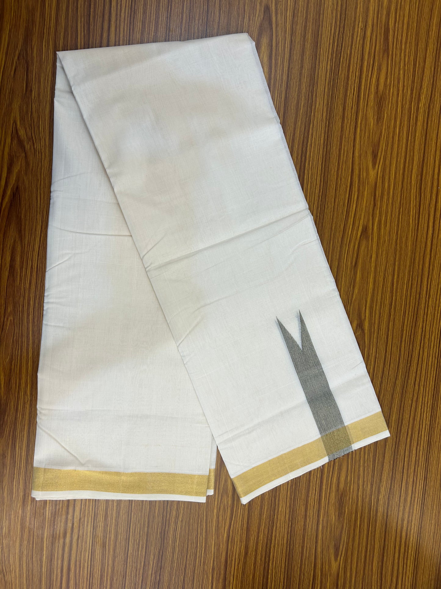 25% Discount ! KaithariKada Handloom Unakkupaav - Kerala Handloom - 100% Pure Cotton Off White - (Unbleached) Double Mundu/Dhoti - 100x80 - 1.5 Inch Kasav & Black shaded Chutty - 1 KK5375 ABH