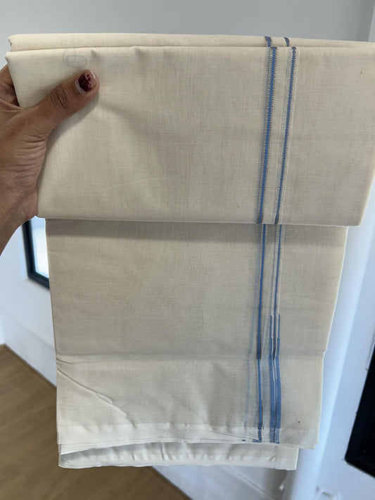 20% Discount! KaithariKada Balaramapuram 100% Cotton Double Off white Mundu/Dhoti- 100x100 - 0.2 cm Puliyilakkara Silver Kasav & Light Blue Chutty Kara 4 mtr (8.5 muzham) - 8 KK5392 ASH