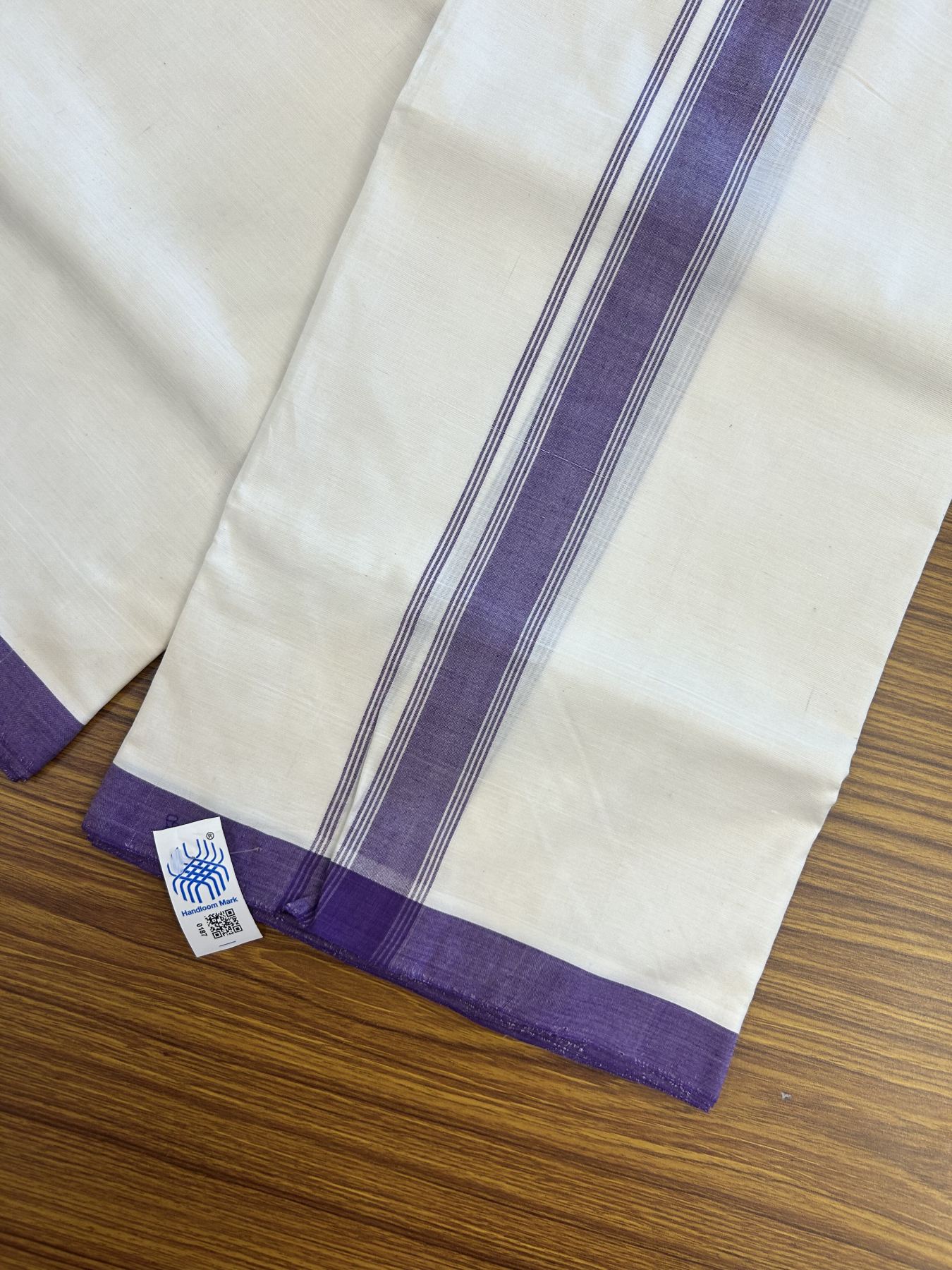 Kerala Handloom - Signature Kaitharikada - Government Sealed Hallmarked-100% Pure Cotton! (2/120X2/160) Twisted Thread- Off White Double Mundu/Dhoti - 1.5 inch Violet Shaded Striped Kara 4 mtr (8.5 muzham) - 9 KK5331 KAL