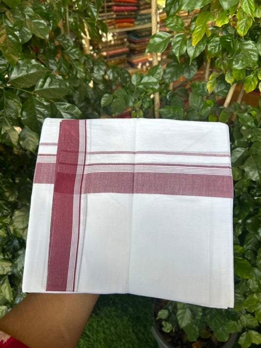 20% Discount ! Kaitharikada Balaramapuram 100% Cotton PURE WHITE Double Mundu/Dothi - 100x80 - 1.5 inch Maroon Shaded Side Striped Kara 3.90 mtr (8 muzham) - 73 KK5294 THI
