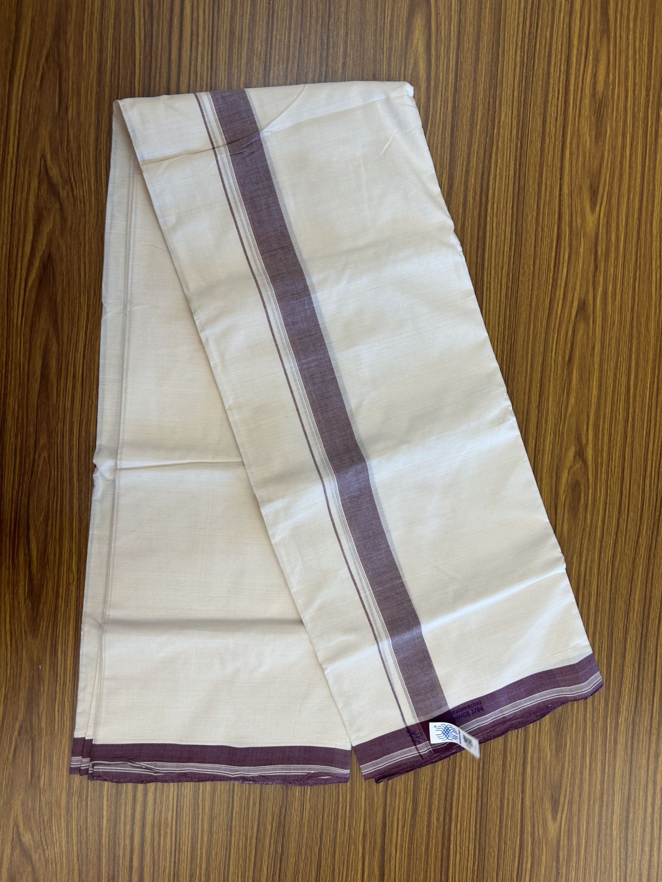Kerala Handloom - Signature Kaitharikada - 100% Pure Cotton! (2/120X90) Twisted Thread- Off White Double Mundu/Dhoti - 1.25 inch Maroon Shaded Striped Kara 4 mtr (8.5 muzham) - 10 KK5331 KAL