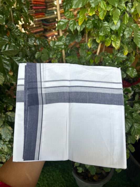 20% Discount ! Kaitharikada Balaramapuram 100% Cotton PURE WHITE Double Mundu/Dothi - 100x80 - 1.75 inch Navy Blue Shaded Striped Kara 3.90 mtr (8 muzham) - 72 KK5294 THI