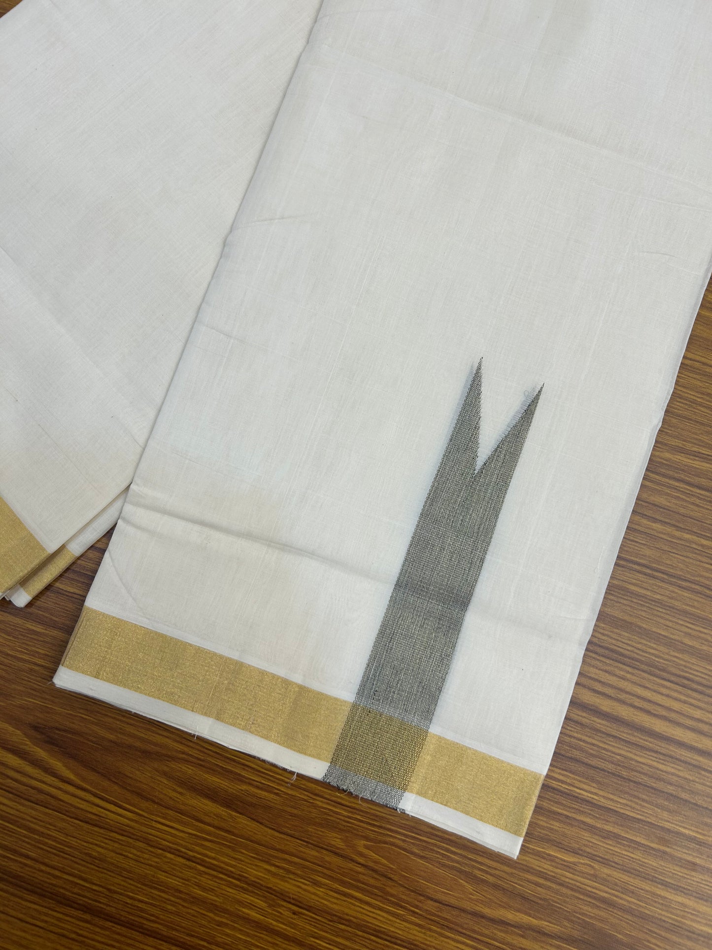 25% Discount ! KaithariKada Handloom Unakkupaav - Kerala Handloom - 100% Pure Cotton Off White - (Unbleached) Double Mundu/Dhoti - 100x80 - 1.5 Inch Kasav & Black shaded Chutty - 1 KK5375 ABH
