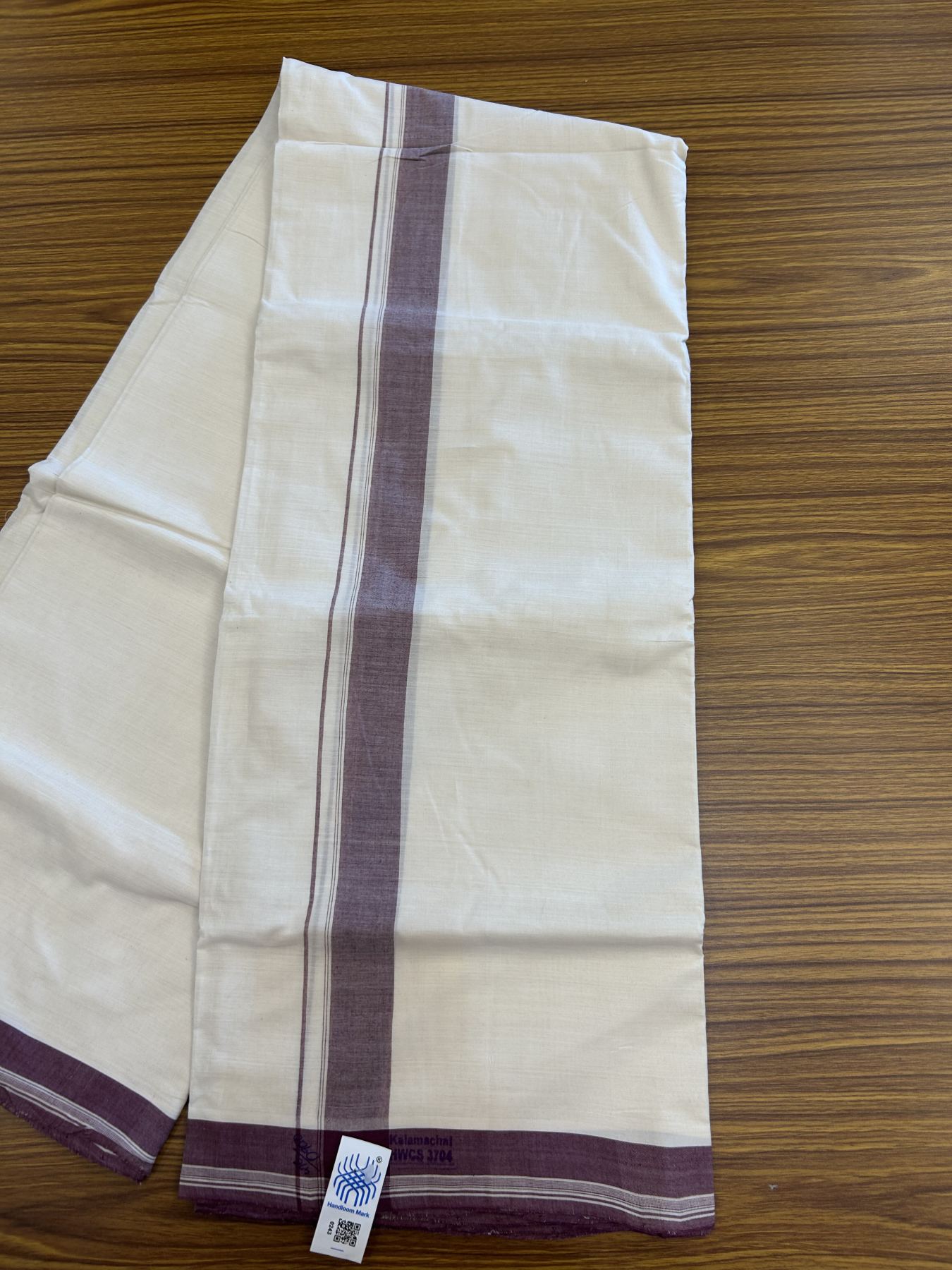 Kerala Handloom - Signature Kaitharikada - 100% Pure Cotton! (2/120X90) Twisted Thread- Off White Double Mundu/Dhoti - 1.25 inch Maroon Shaded Striped Kara 4 mtr (8.5 muzham) - 10 KK5331 KAL