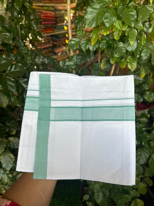 KaithariKada Balaramapuram 100% Cotton Single Pure White Mundu/Dhoti - 100X80 - 1.5 inch Light Turquoise Green Shaded Stripes kara 2 mtr (4 muzham) - 5 KK5294 THI