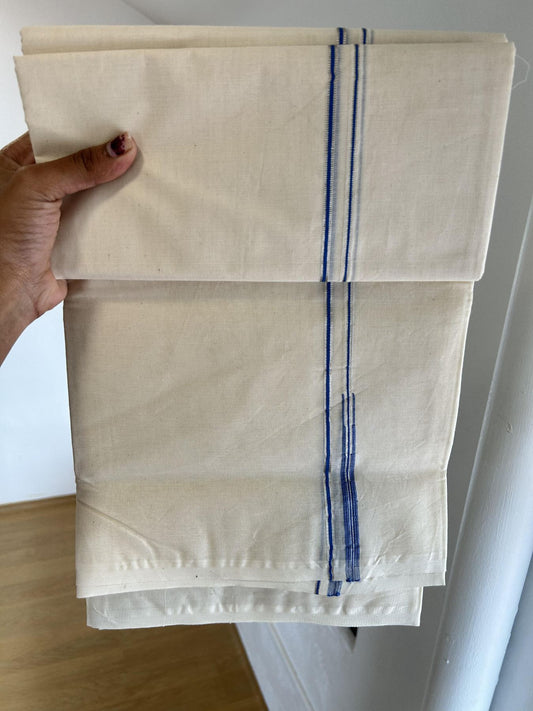 20% Discount! KaithariKada Balaramapuram 100% Cotton Double Off white Mundu/Dhoti- 100x100 - 0.2 cm Puliyilakkara Silver Kasav & Sapphire Blue Chutty Kara 4 mtr (8.5 muzham) - 2 KK5392 ASH