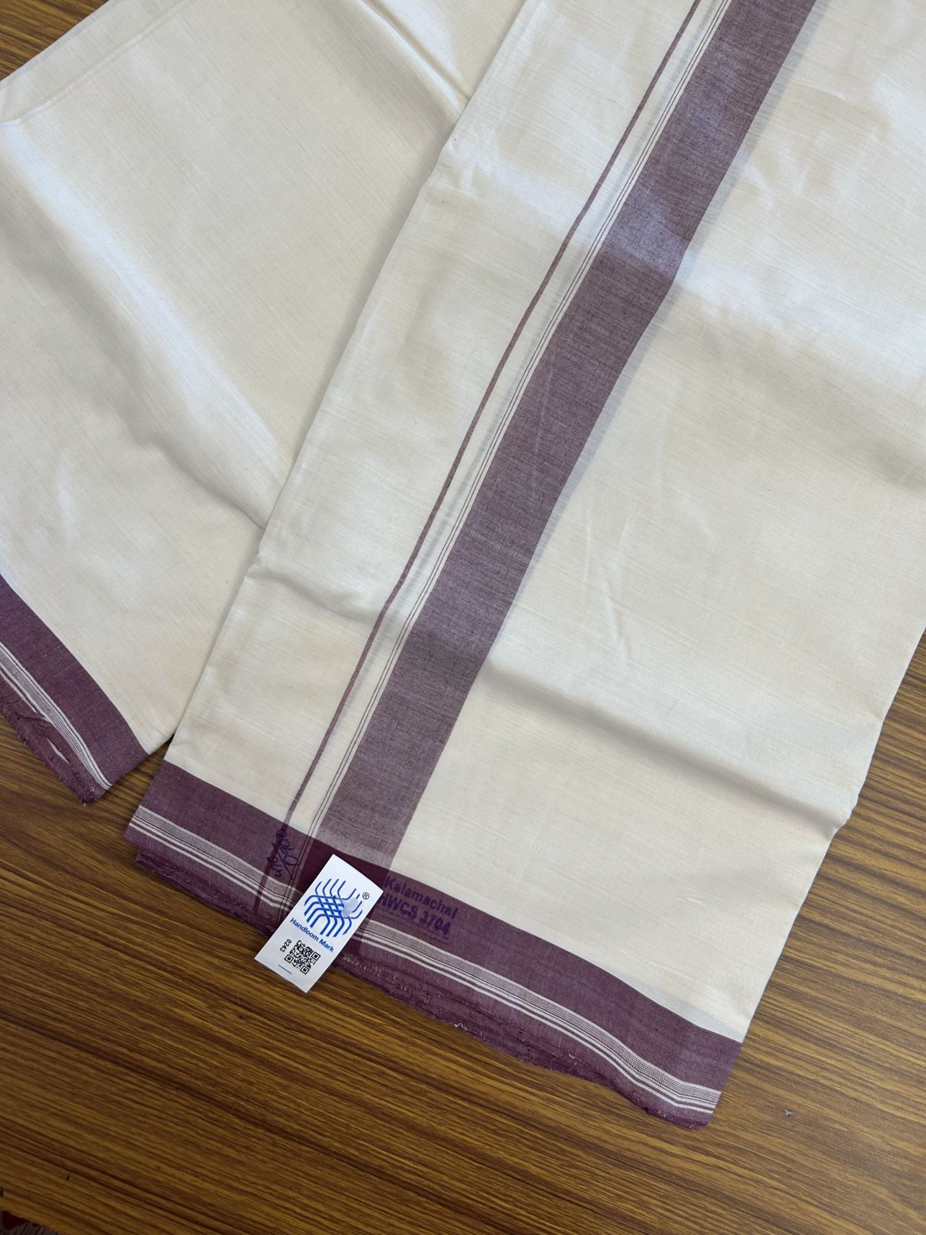 Kerala Handloom - Signature Kaitharikada - 100% Pure Cotton! (2/120X90) Twisted Thread- Off White Double Mundu/Dhoti - 1.25 inch Maroon Shaded Striped Kara 4 mtr (8.5 muzham) - 10 KK5331 KAL