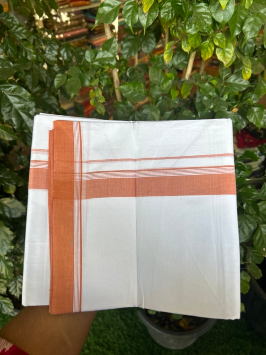 20% Discount ! Kaitharikada Balaramapuram 100% Cotton PURE WHITE Double Mundu/Dothi - 100x80 - 1.5 inch Orange Shaded Striped Kara 3.90 mtr (8 muzham) - 79 KK5294 THI