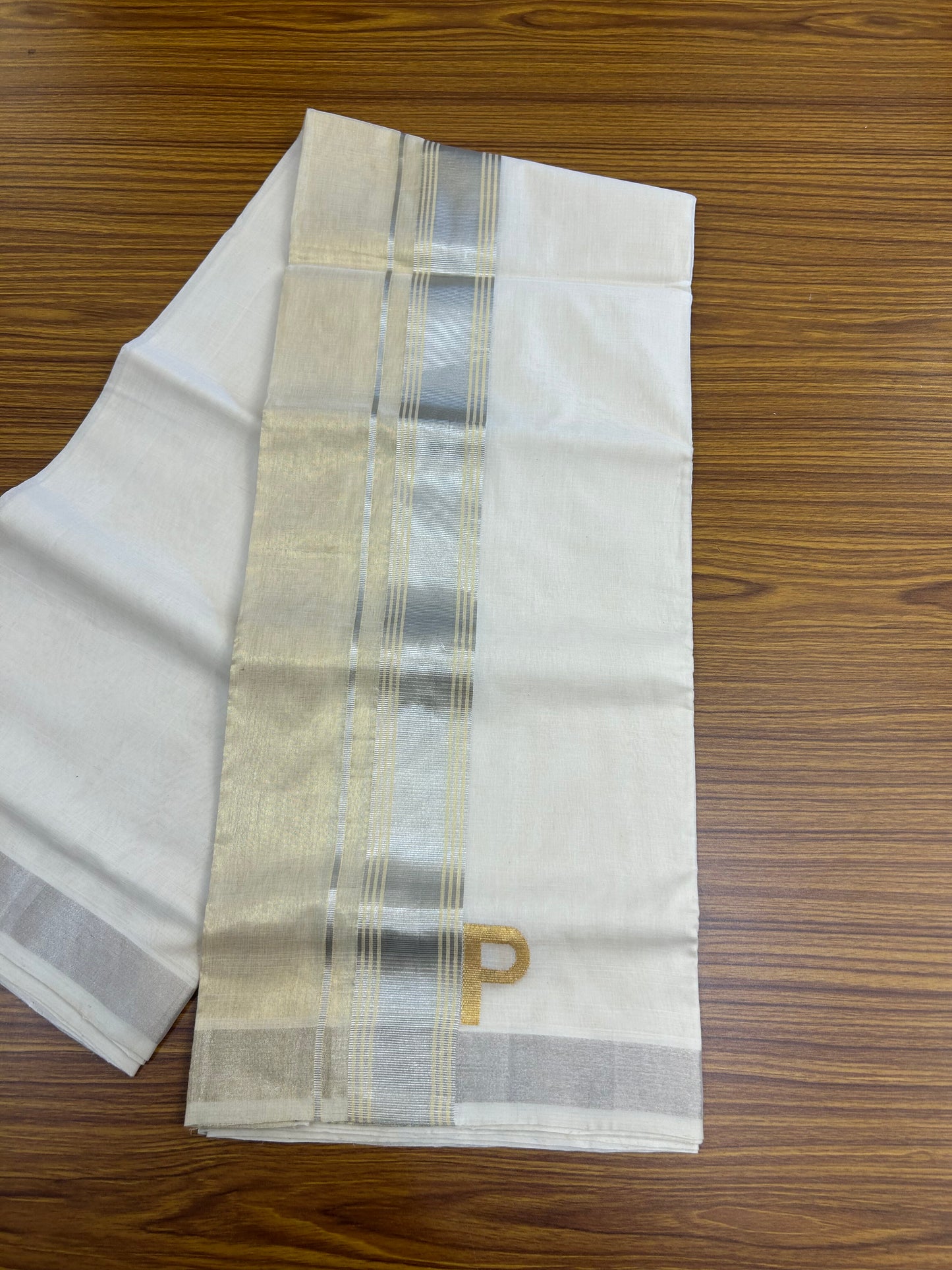 25% Discount ! KaithariKada Handloom Unakkupaav - Kerala Handloom - 100% Pure Cotton Off White - (Unbleached) Double Mundu/Dhoti - 100x80 - 2 inch Silver Kasav stripes side tissue Kara with Alphabet Design 4 mtr (8.5 Muzham) - 8 KK5375 ABH