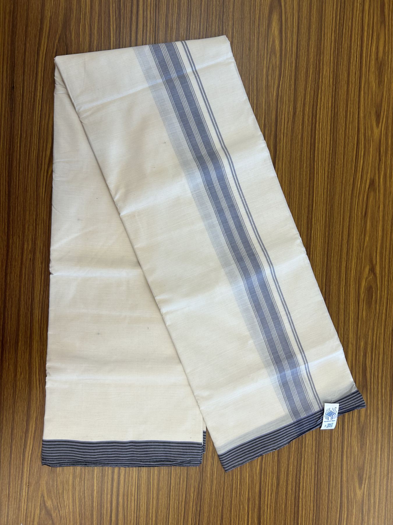 Kerala Handloom - Signature Kaitharikada - Government Sealed Hallmarked-100% Pure Cotton! (2/120sX100) Twisted Thread- Off White Double Mundu/Dhoti - 1.5 inch Lavender Shaded Striped Kara 4 mtr (8.5 muzham) - 11 KK5331 KAL