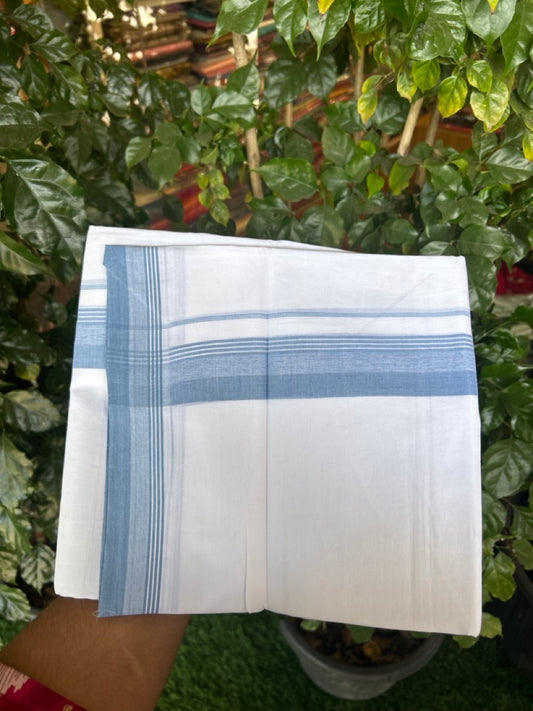 20% Discount ! Kaitharikada Balaramapuram 100% Cotton PURE WHITE Double Mundu/Dothi - 100x80 - 1.5 inch Light Blue Shaded Striped Kara 3.90 mtr (8 muzham) - 90 KK5294 THI