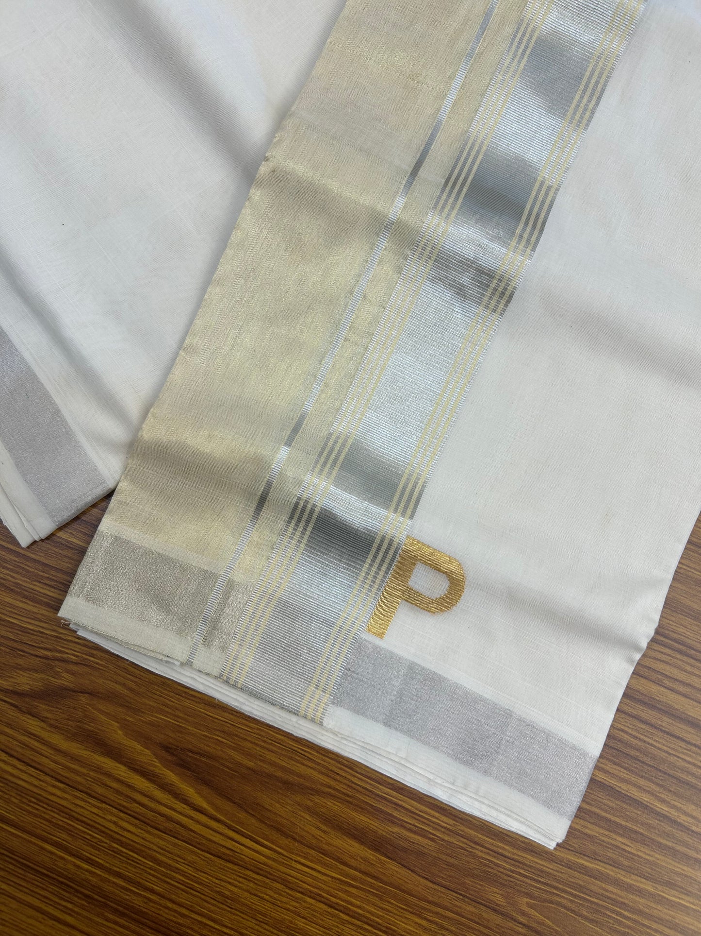 25% Discount ! KaithariKada Handloom Unakkupaav - Kerala Handloom - 100% Pure Cotton Off White - (Unbleached) Double Mundu/Dhoti - 100x80 - 2 inch Silver Kasav stripes side tissue Kara with Alphabet Design 4 mtr (8.5 Muzham) - 8 KK5375 ABH