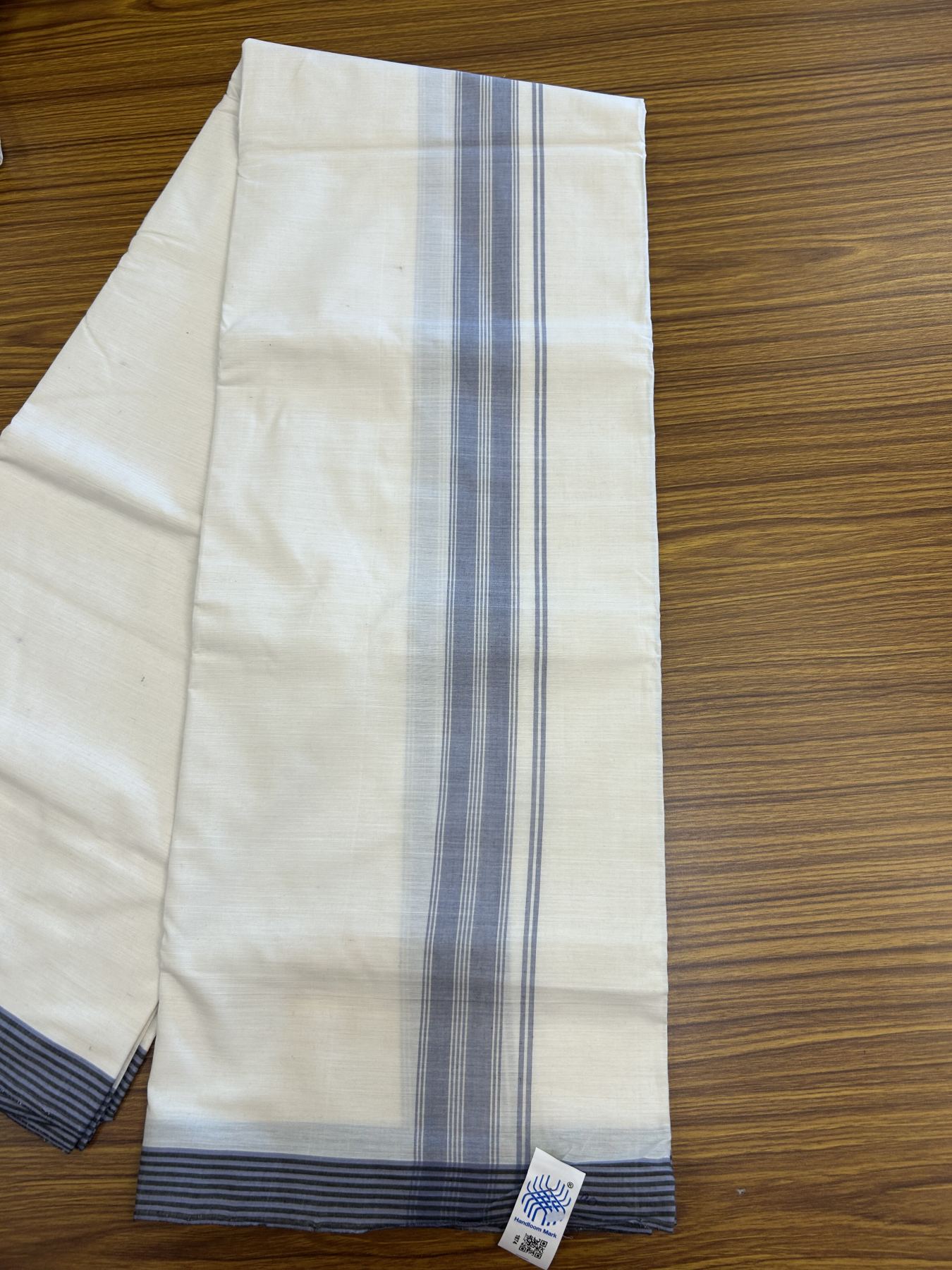 Kerala Handloom - Signature Kaitharikada - Government Sealed Hallmarked-100% Pure Cotton! (2/120sX100) Twisted Thread- Off White Double Mundu/Dhoti - 1.5 inch Lavender Shaded Striped Kara 4 mtr (8.5 muzham) - 11 KK5331 KAL