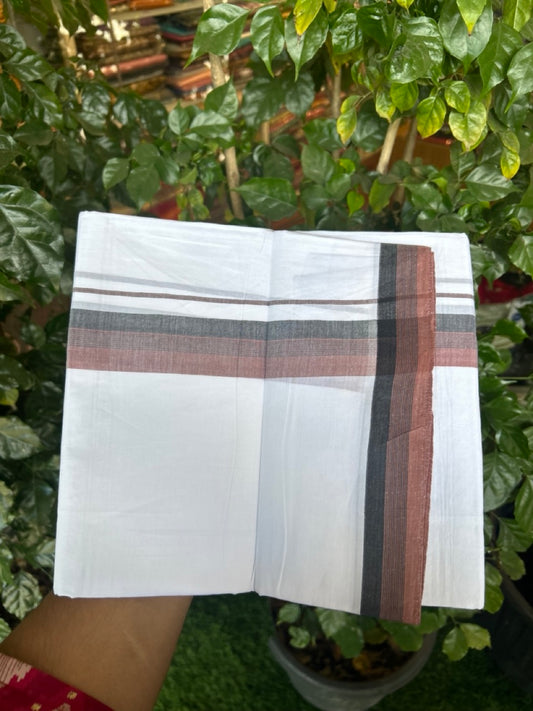 20% Discount ! Kaitharikada Balaramapuram 100% Cotton PURE WHITE Double Mundu/Dothi - 100x80 - 1.5 inch Brown & Black Shaded Striped Kara 3.90 mtr (8 muzham) - 95 KK5294 THI