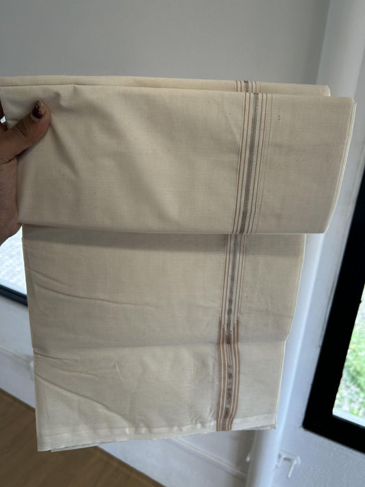 Double Off White (Unbleached) Mundu/Dhoti - 20% Discount !! KaithariKada Balaramapuram - 100% Cotton - 100X100 - 6 line 0.75 inch Silver Kasav & Sand Brown Stripes chutty  (4.50 meter / 9.64 muzham) - 22 KK5392 ASH