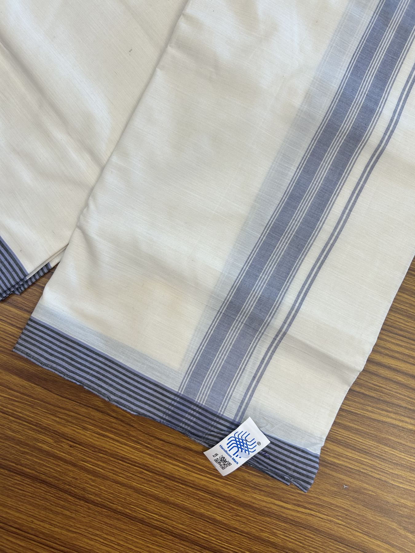 Kerala Handloom - Signature Kaitharikada - Government Sealed Hallmarked-100% Pure Cotton! (2/120sX100) Twisted Thread- Off White Double Mundu/Dhoti - 1.5 inch Lavender Shaded Striped Kara 4 mtr (8.5 muzham) - 11 KK5331 KAL