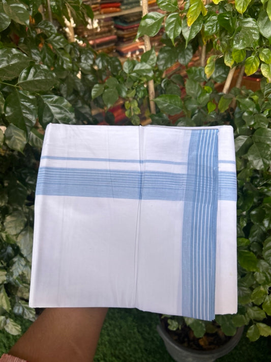 20% Discount ! Kaitharikada Balaramapuram 100% Cotton PURE WHITE Double Mundu/Dothi - 100x80 - 1.5 inch Light Blue Shaded Striped Kara 3.90 mtr (8 muzham) - 71 KK5294 THI