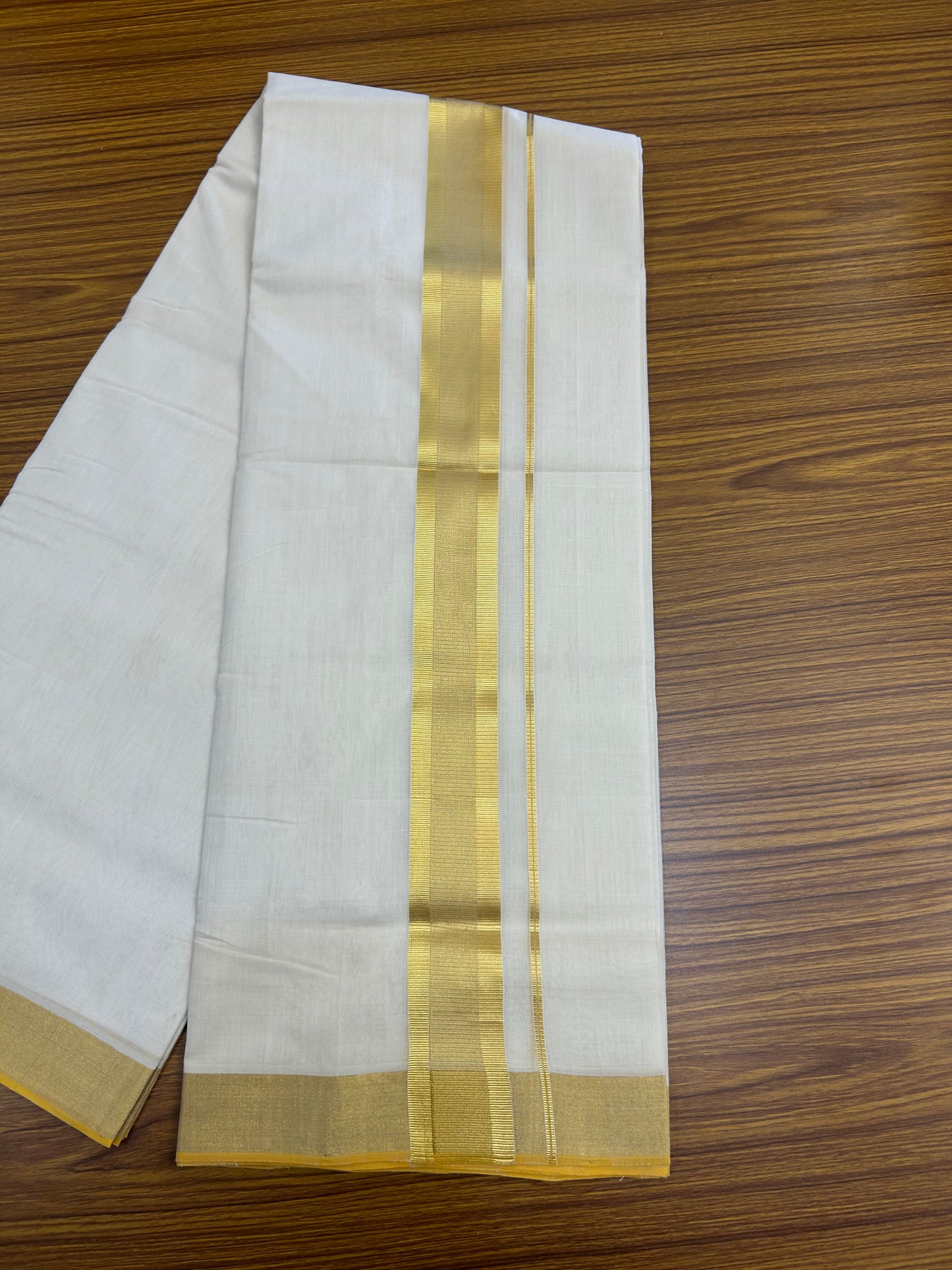 25% Discount ! KaithariKada Handloom Unakkupaav - Kerala Handloom - 100% Pure Cotton Off White - (Unbleached) Double Mundu/Dhoti - 100x80 - 2 inch Gold Kasav striped kara 4 mtr (8.5 Muzham) - 5 KK5375 ABH