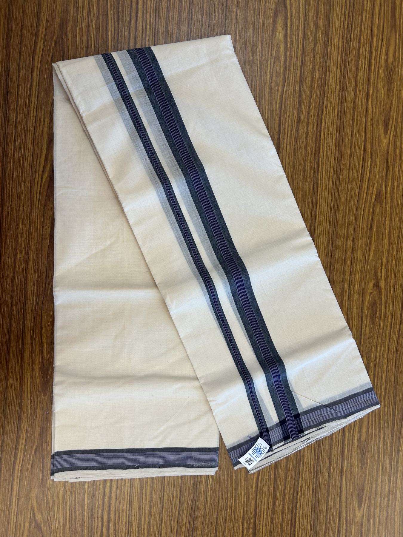 Kerala Handloom - Signature Kaitharikada - 25% Discount! -100% Pure Cotton! (90X80s) Twisted Thread- Off White Double Mundu/Dhoti - 1.25 inch Bright Lavender & Black Striped Kara 4 mtr (8.5 muzham) - 12 KK5331 KAL