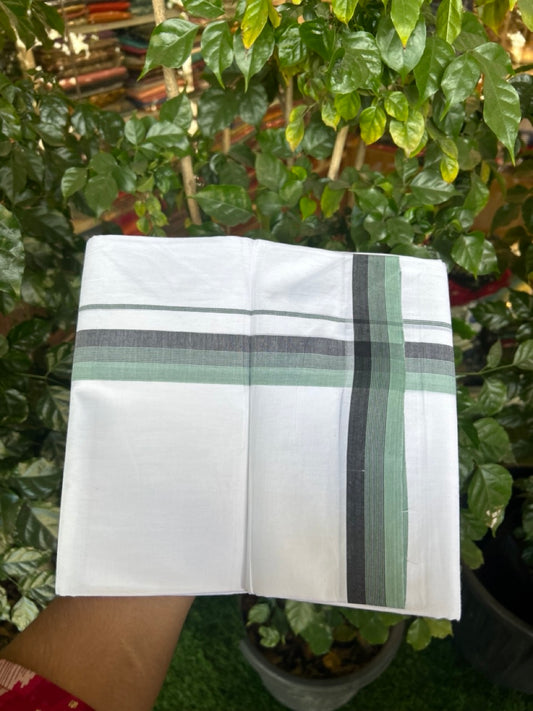 20% Discount ! Kaitharikada Balaramapuram 100% Cotton PURE WHITE Double Mundu/Dothi - 100x80 - 1.5 inch Teal Green & Black Shaded Striped Kara 3.90 mtr (8 muzham) - 94 KK5294 THI