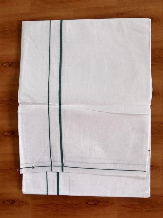 Single Pure White Mundu/Dhoti - KaithariKada Balaramapuram Pure Cotton - 70x30 - 0.3 Inch Peacock Green Kara 1.90 mtr (4 muzham) - 9 KK5418 PMC