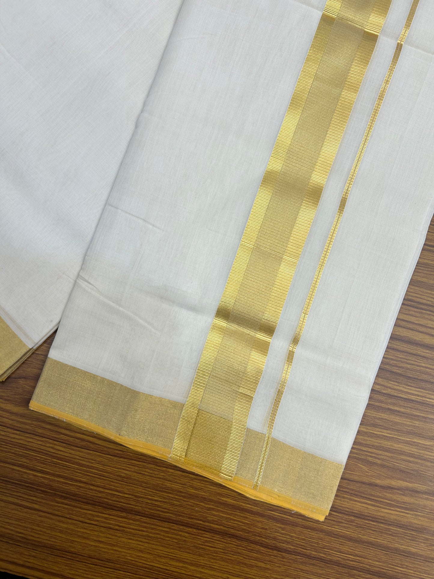 25% Discount ! KaithariKada Handloom Unakkupaav - Kerala Handloom - 100% Pure Cotton Off White - (Unbleached) Double Mundu/Dhoti - 100x80 - 2 inch Gold Kasav striped kara 4 mtr (8.5 Muzham) - 5 KK5375 ABH