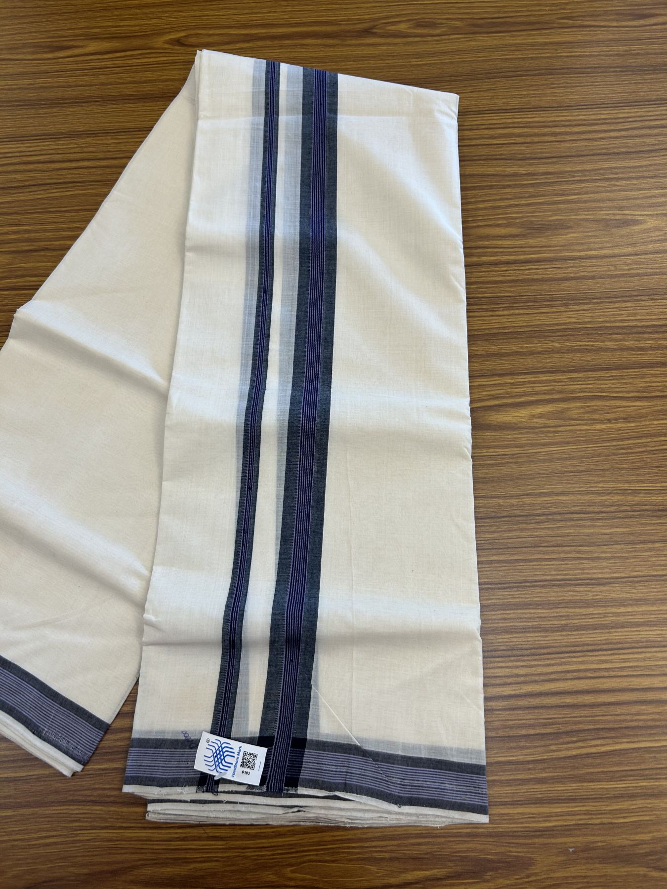 Kerala Handloom - Signature Kaitharikada - 25% Discount! -100% Pure Cotton! (90X80s) Twisted Thread- Off White Double Mundu/Dhoti - 1.25 inch Bright Lavender & Black Striped Kara 4 mtr (8.5 muzham) - 12 KK5331 KAL