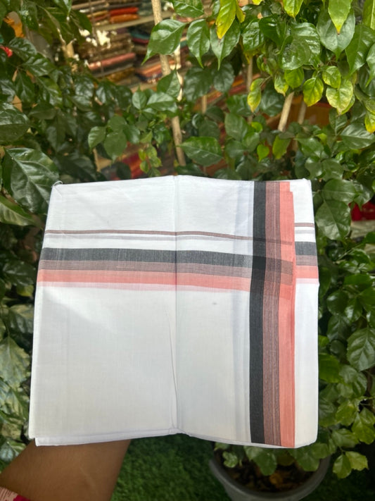 20% Discount ! Kaitharikada Balaramapuram 100% Cotton PURE WHITE Double Mundu/Dothi - 100x80 - 1.25 inch Peach & Black Shaded Striped Kara 3.90 mtr (8 muzham) - 93 KK5294 THI