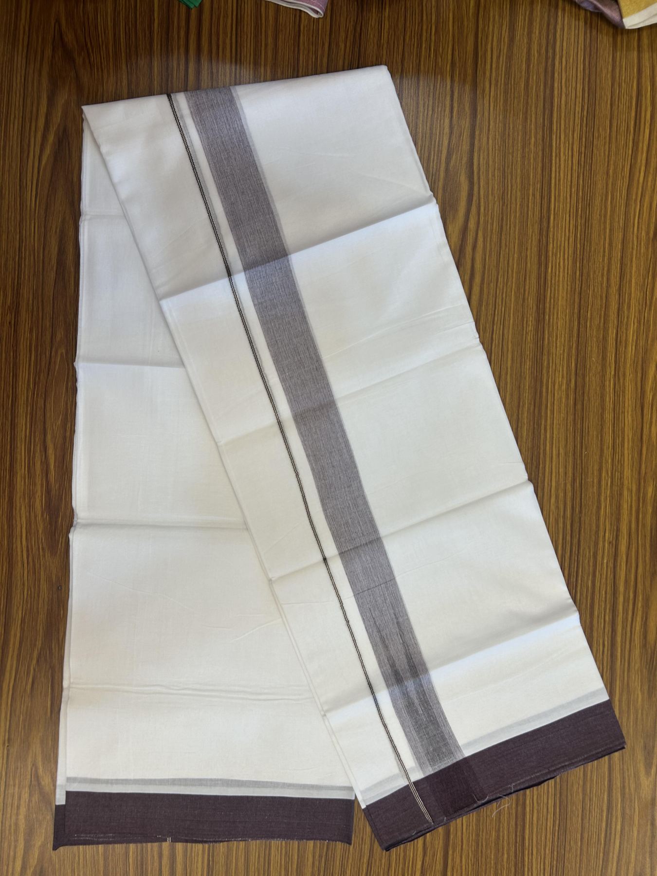 20% Discount!! Kaitharikada Balaramapuram 100% Pure Cotton Pure White Double Mundu/Dothi - 100x80 - 1.5 inch Deep Wine & Black Silver Kasav Stripes Chutty Kara 3.90 m (8 muzham) - 25 KK5356 VAS
