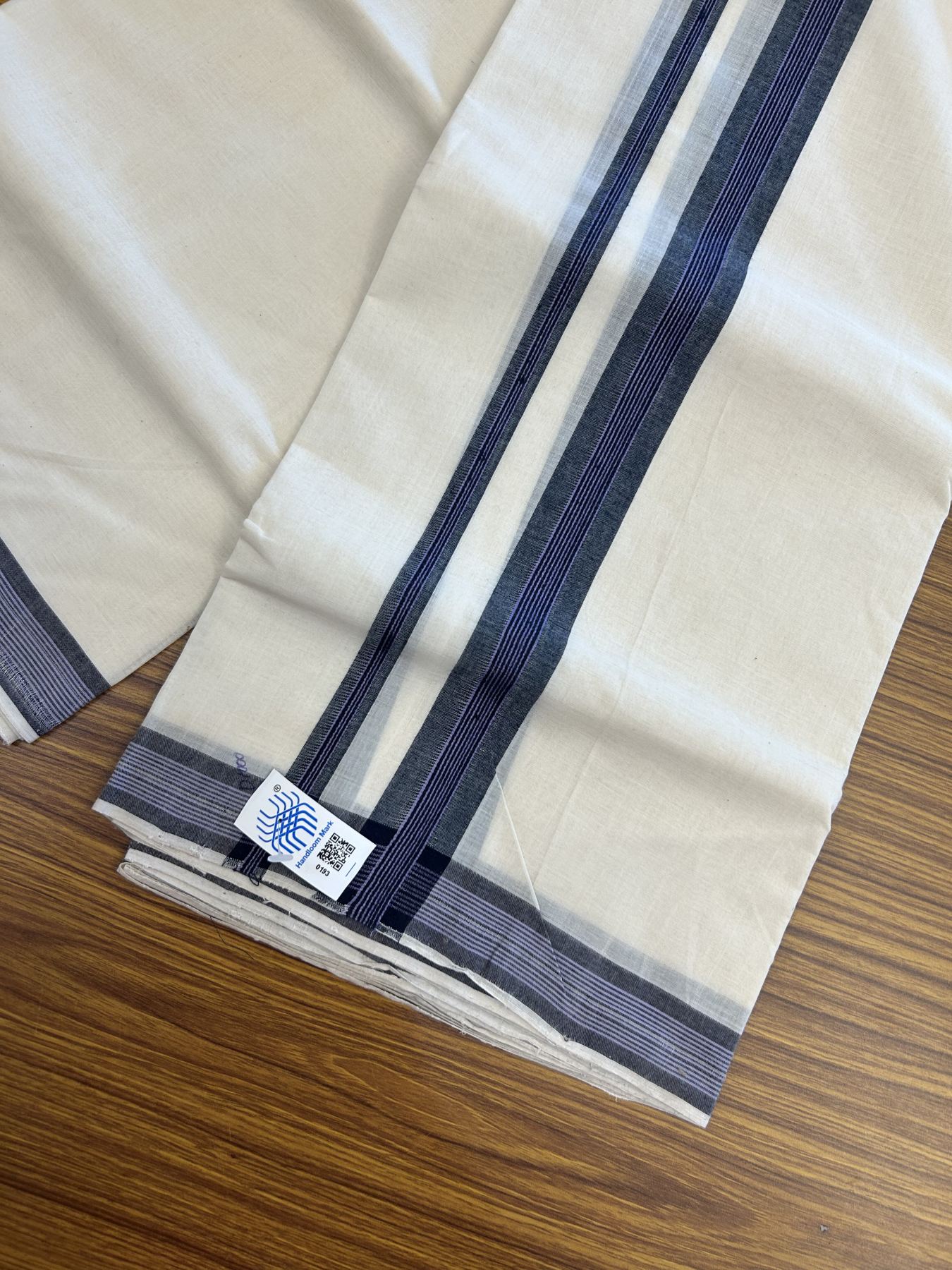Kerala Handloom - Signature Kaitharikada - 25% Discount! -100% Pure Cotton! (90X80s) Twisted Thread- Off White Double Mundu/Dhoti - 1.25 inch Bright Lavender & Black Striped Kara 4 mtr (8.5 muzham) - 12 KK5331 KAL