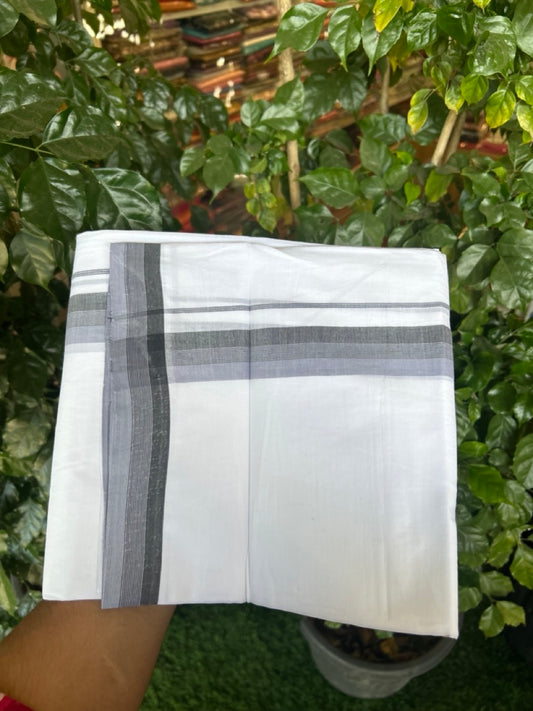 20% Discount ! Kaitharikada Balaramapuram 100% Cotton PURE WHITE Double Mundu/Dothi - 100x80 - 1.25 inch Lavender & Black Shaded Striped Kara 3.90 mtr (8 muzham) - 92 KK5294 THI