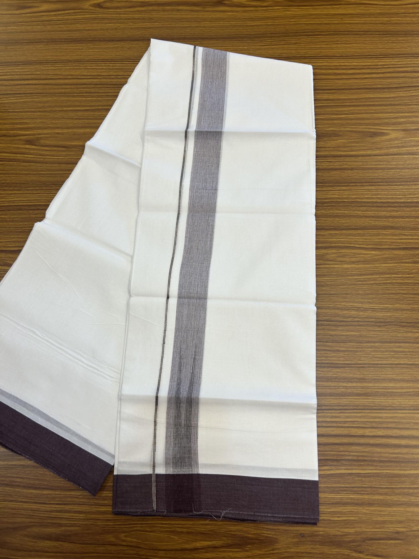 20% Discount!! Kaitharikada Balaramapuram 100% Pure Cotton Pure White Double Mundu/Dothi - 100x80 - 1.5 inch Deep Wine & Black Silver Kasav Stripes Chutty Kara 3.90 m (8 muzham) - 25 KK5356 VAS