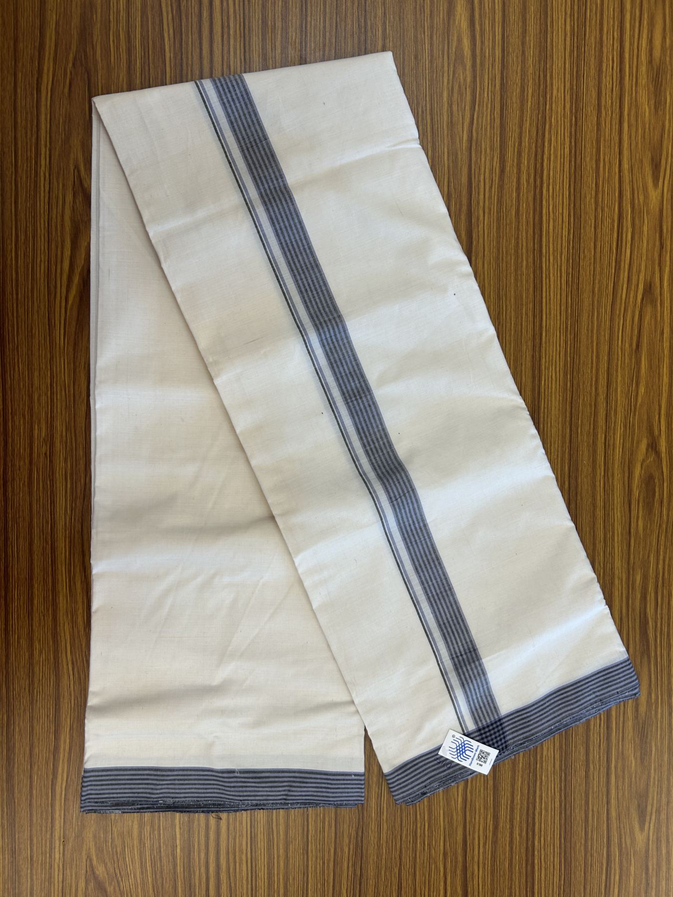 Kerala Handloom - Signature Kaitharikada - 100% Pure Cotton! (2/120X2/160) Twisted Thread- Off White Double Mundu/Dhoti - 1 inch Lavender & Black Striped Kara 4 mtr (8.5 muzham) - 13 KK5331 KAL