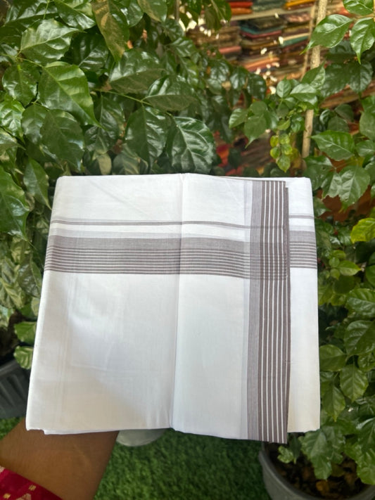 20% Discount ! Kaitharikada Balaramapuram 100% Cotton PURE WHITE Double Mundu/Dothi - 100x80 - 1.5 inch Faded Purple Shaded Striped Kara 3.90 mtr (8 muzham) - 70 KK5294 THI