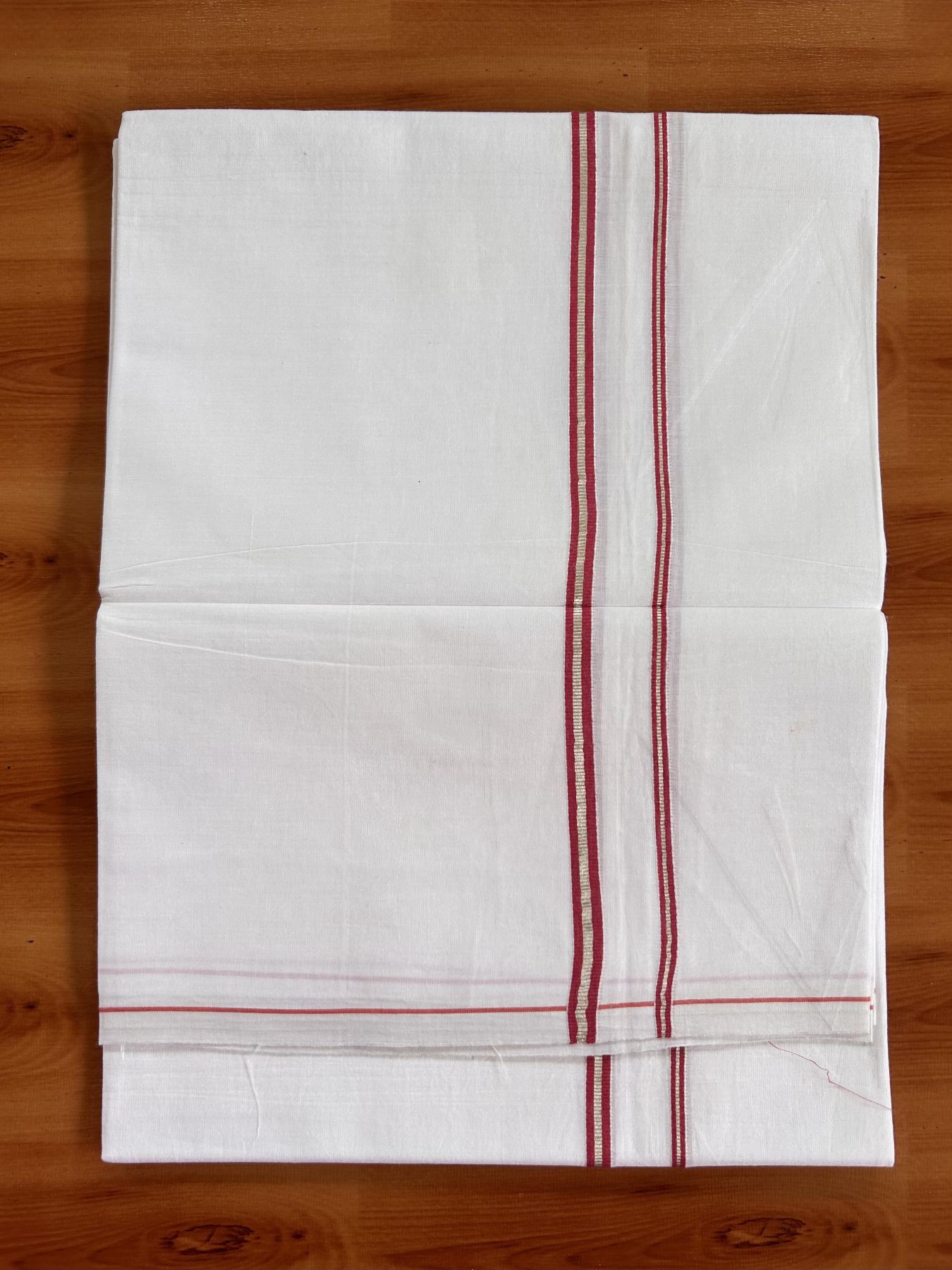 Single Pure White Mundu/Dhoti - KaithariKada Balaramapuram Pure Cotton - 70x30 - 0.3 cm Silver Kasav & Pinkish Red Striped Kara 1.90 mtr (4 muzham) - 33 KK5418 PMC