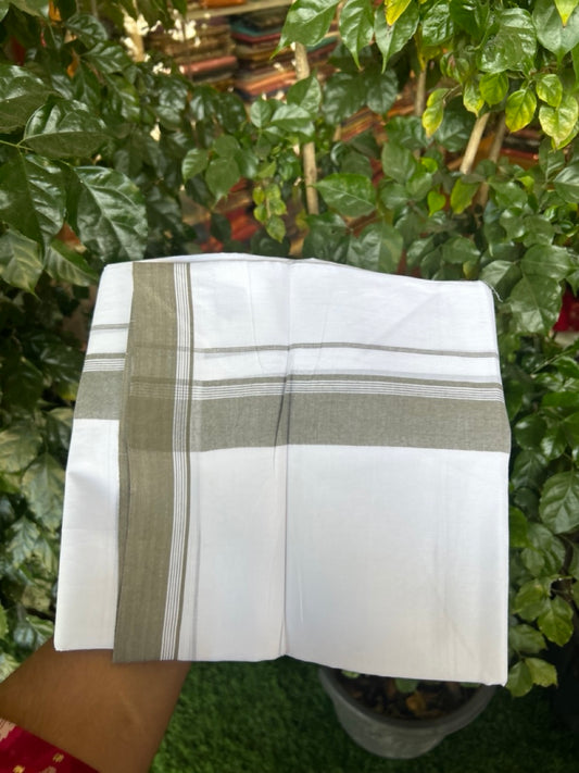 20% Discount ! Kaitharikada Balaramapuram 100% Cotton PURE WHITE Double Mundu/Dothi - 100x80 - 1.5 inch Olive Brown Shaded Striped Kara 3.90 mtr (8 muzham) - 69 KK5294 THI