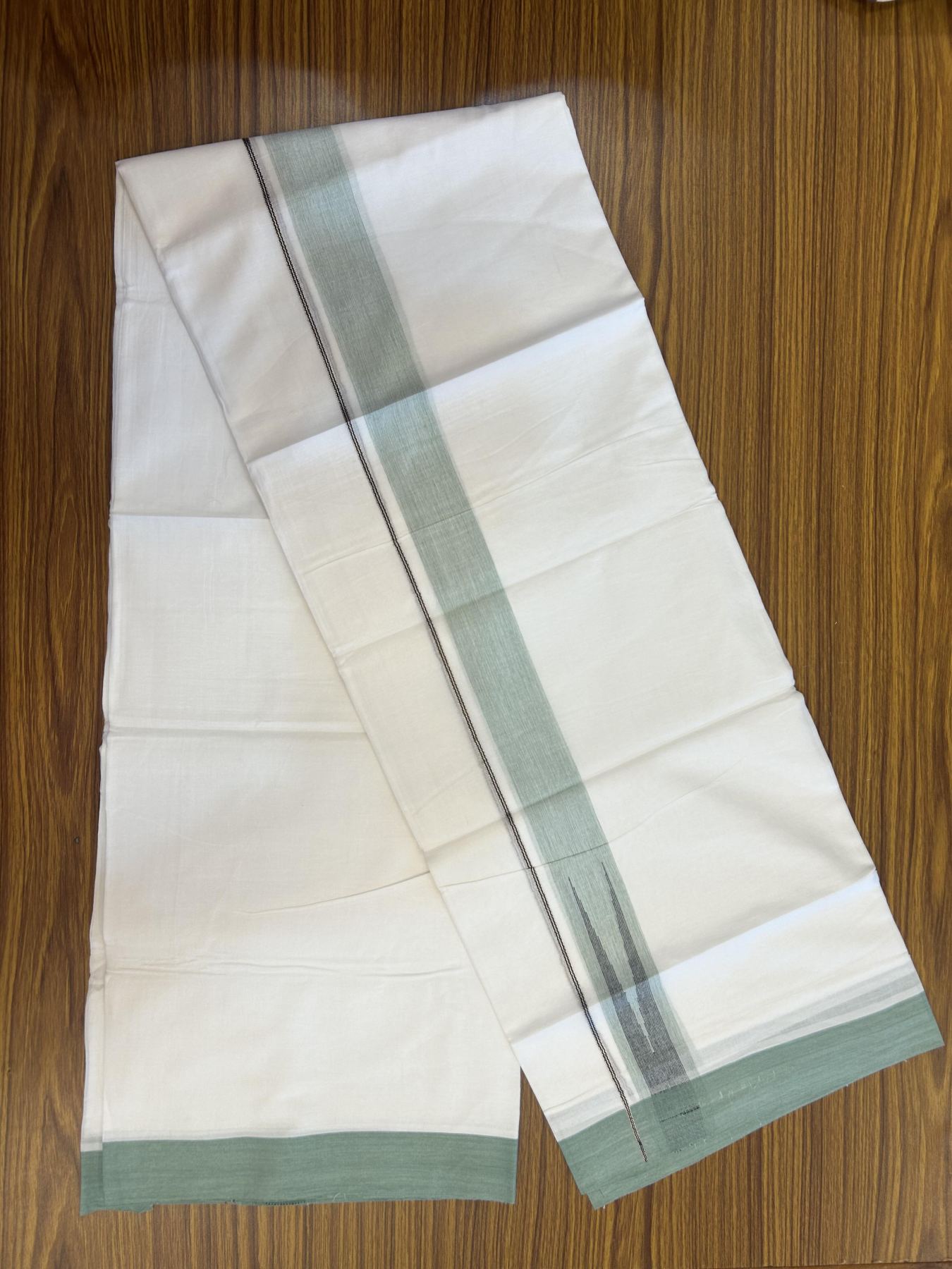 20% Discount!! Kaitharikada Balaramapuram 100% Pure Cotton Pure White Double Mundu/Dothi - 100x80 - 1.5 inch Mint Green & Black Silver Kasav Stripes Chutty Kara 3.90 m (8 muzham) - 21 KK5356 VAS