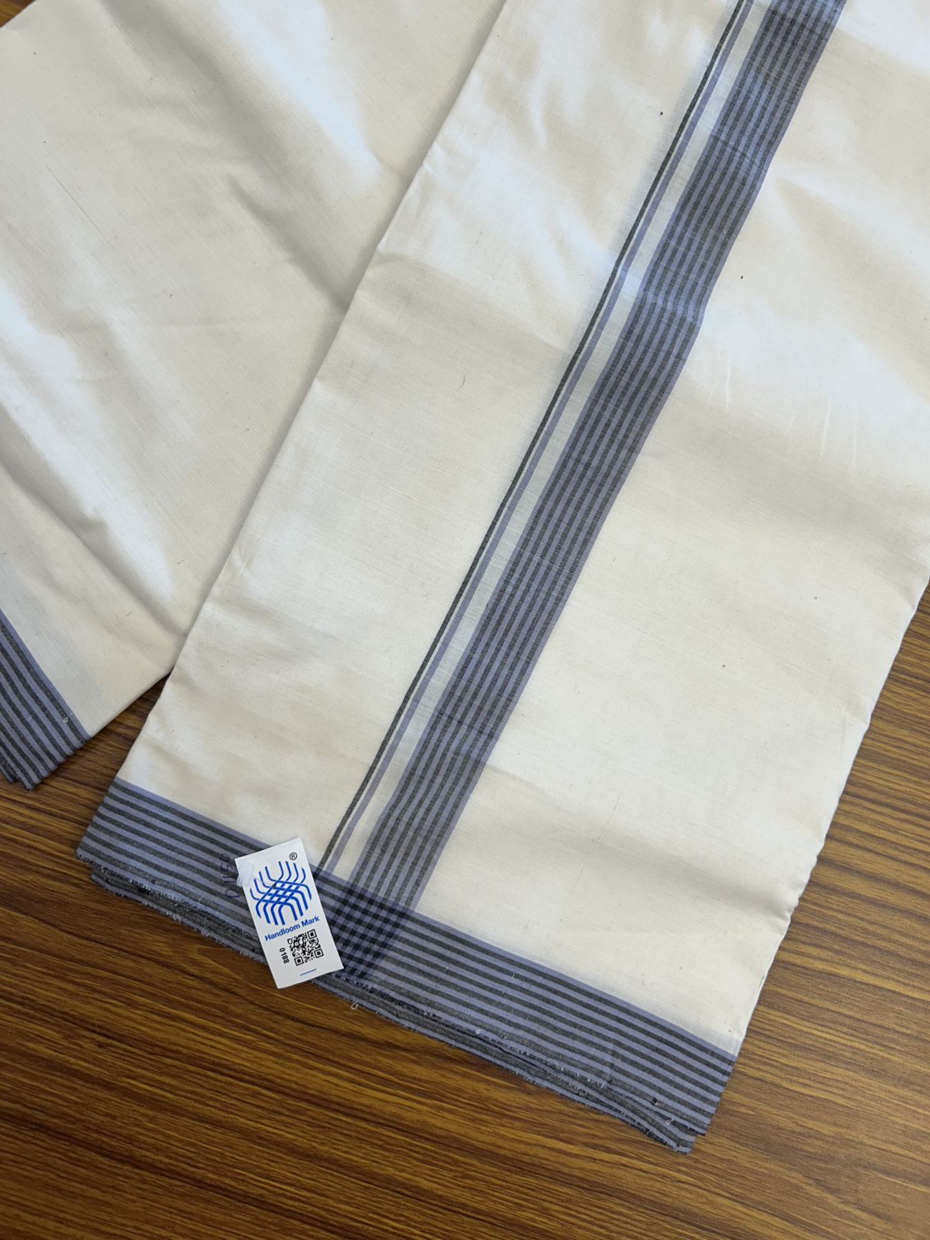 Kerala Handloom - Signature Kaitharikada - 100% Pure Cotton! (2/120X2/160) Twisted Thread- Off White Double Mundu/Dhoti - 1 inch Lavender & Black Striped Kara 4 mtr (8.5 muzham) - 13 KK5331 KAL