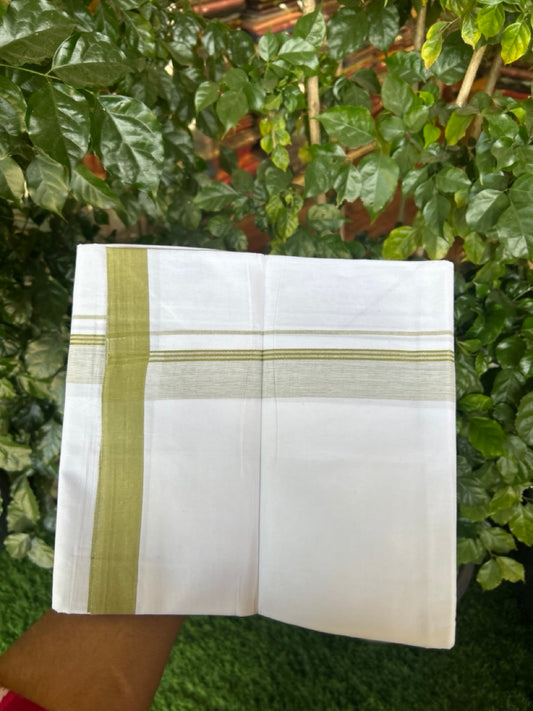 KaithariKada Balaramapuram 100% Cotton Single Pure White Mundu/Dhoti - 100X80 - 1.5 inch Mustard Green Shaded Side Stripes kara 2 mtr (4 muzham) - 15 KK5294 THI