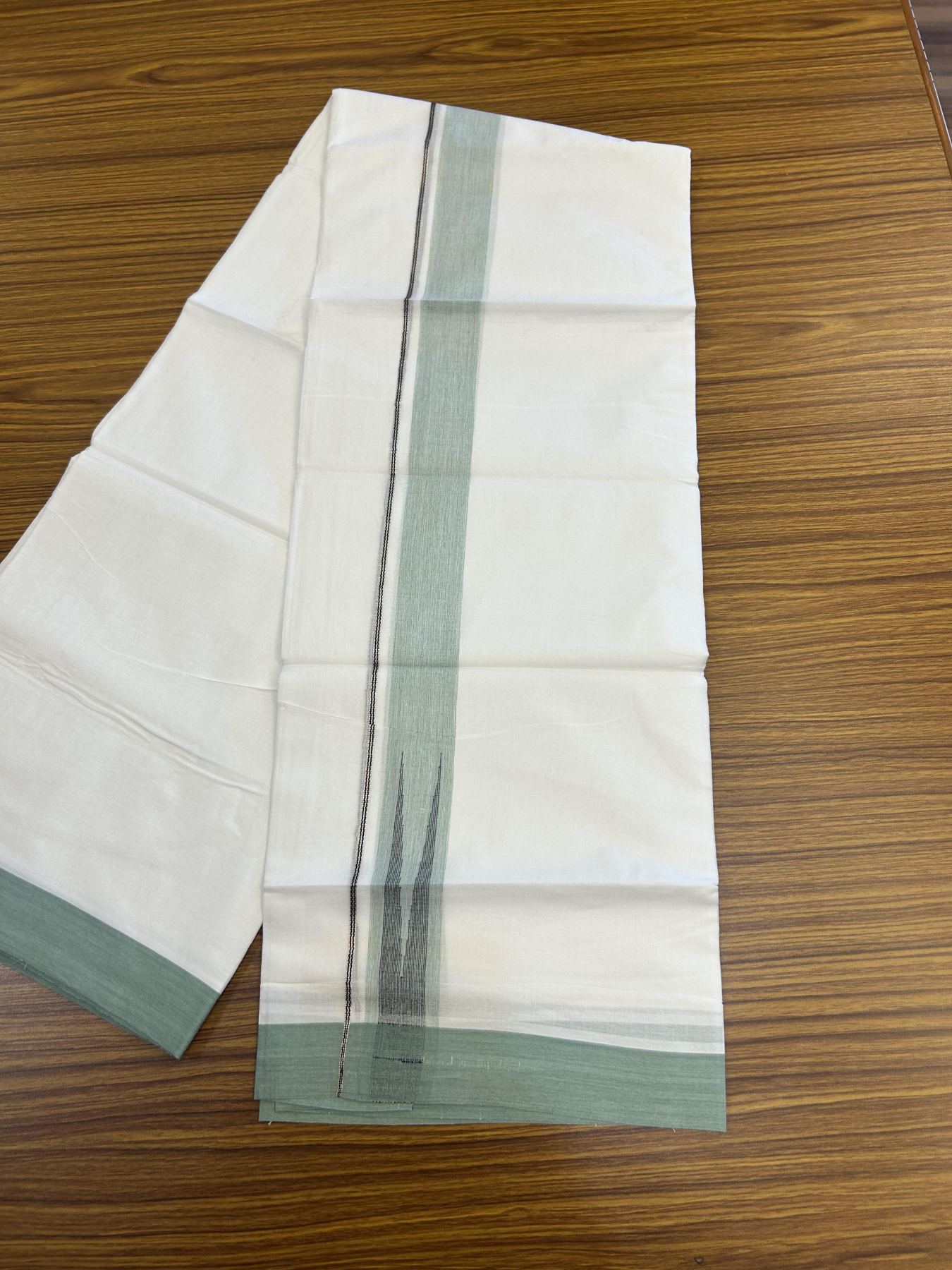 20% Discount!! Kaitharikada Balaramapuram 100% Pure Cotton Pure White Double Mundu/Dothi - 100x80 - 1.5 inch Mint Green & Black Silver Kasav Stripes Chutty Kara 3.90 m (8 muzham) - 21 KK5356 VAS
