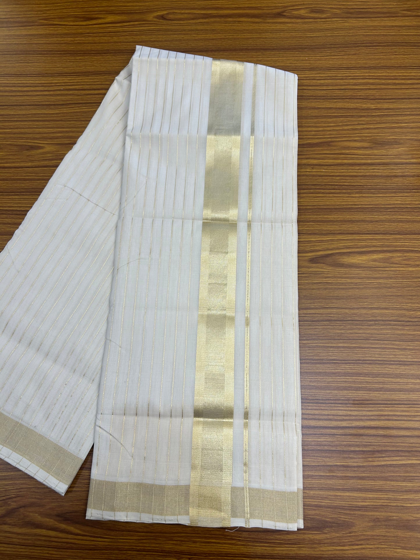 25% Discount ! KaithariKada Handloom Unakkupaav - Kerala Handloom - 100% Pure Cotton Off White - (Unbleached) Double Mundu/Dhoti - 100x80 - 2 inch Light Kasav kara with Full Body Stripes 4 mtr (8.5 Muzham) - 2 KK5375 ABH
