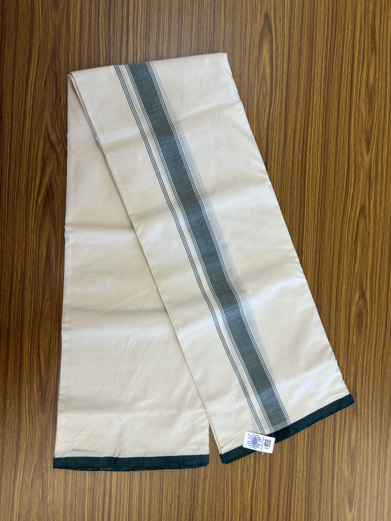 Kerala Handloom - Signature Kaitharikada -100% Pure Cotton! (2/120X2/160) Twisted Thread- Off White Double Mundu/Dhoti - 1.25 inch Green Striped Kara 4 mtr (8.5 muzham) - 14 KK5331 KAL