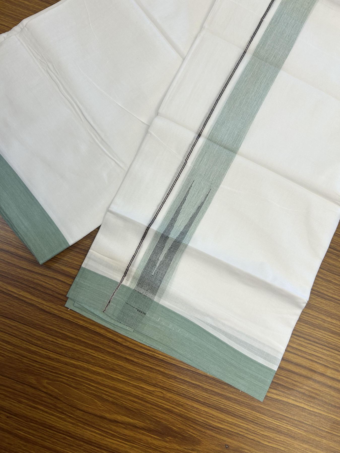 20% Discount!! Kaitharikada Balaramapuram 100% Pure Cotton Pure White Double Mundu/Dothi - 100x80 - 1.5 inch Mint Green & Black Silver Kasav Stripes Chutty Kara 3.90 m (8 muzham) - 21 KK5356 VAS