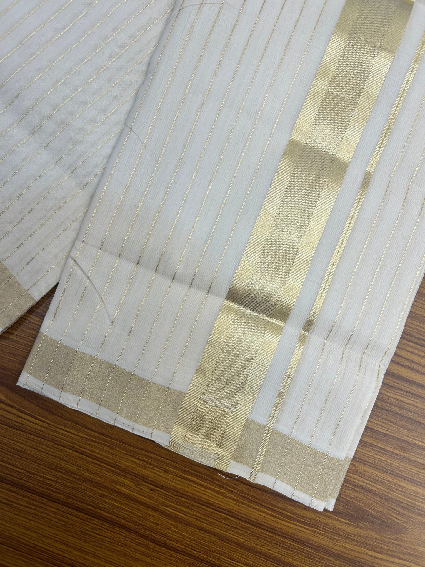 25% Discount ! KaithariKada Handloom Unakkupaav - Kerala Handloom - 100% Pure Cotton Off White - (Unbleached) Double Mundu/Dhoti - 100x80 - 2 inch Light Kasav kara with Full Body Stripes 4 mtr (8.5 Muzham) - 2 KK5375 ABH